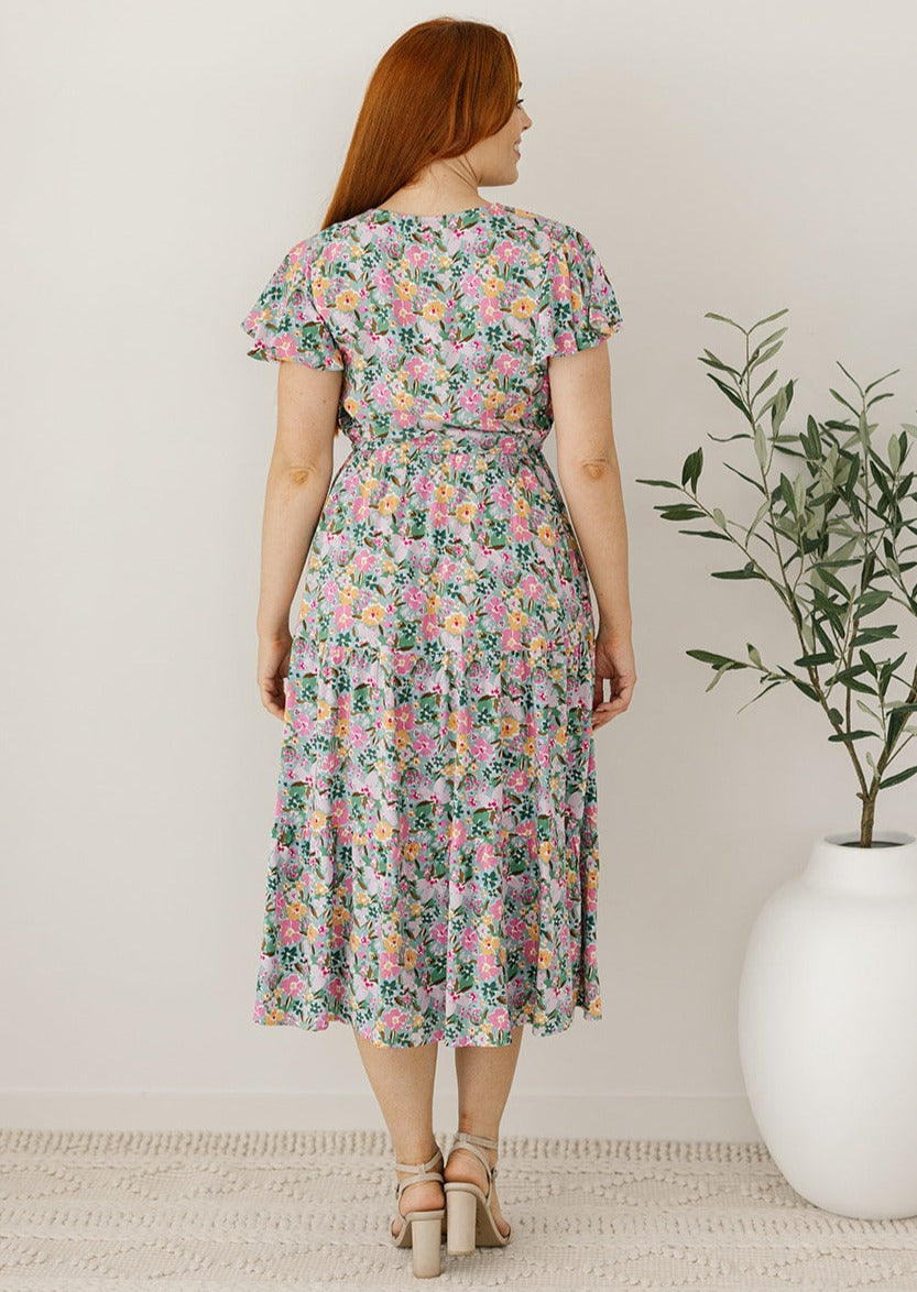 womens summer floral midi dress with drawstring waist
