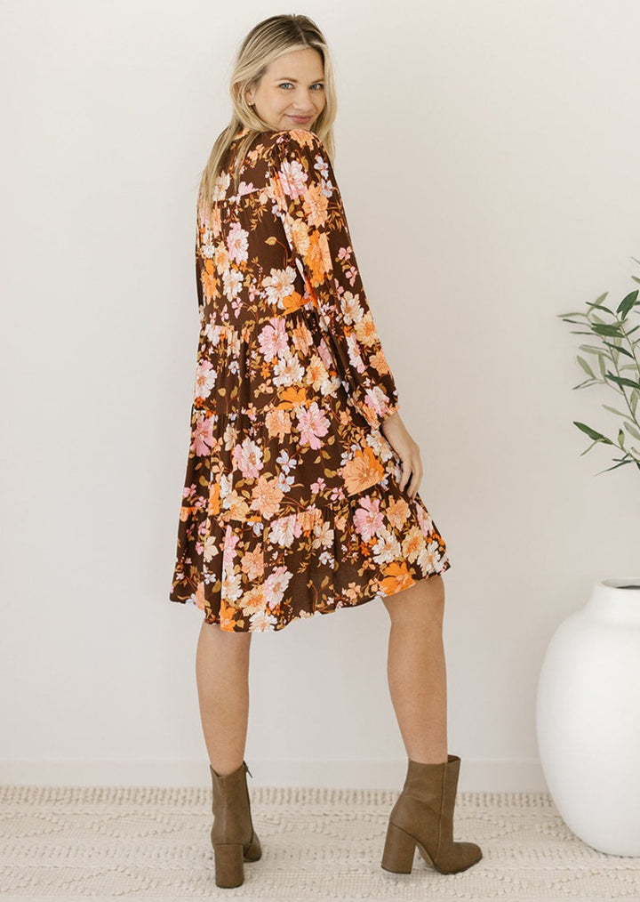 brown autumn floral long-sleeved smock knee length dress