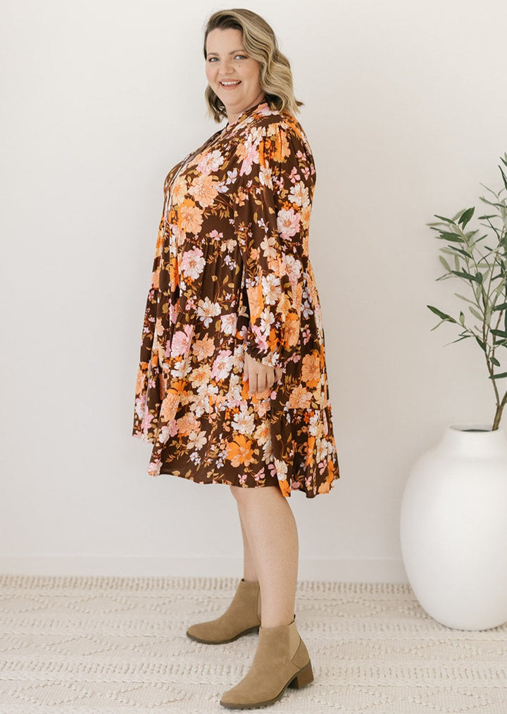 women's plus-size brown autumn floral smock dress