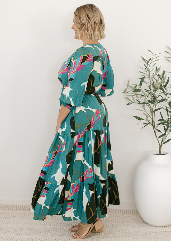 Plus-size green floral maxi dress with drawstring waist