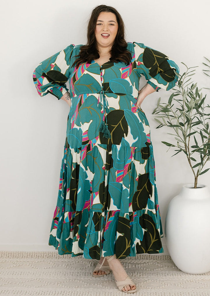 Green floral maxi dress with long sleeves