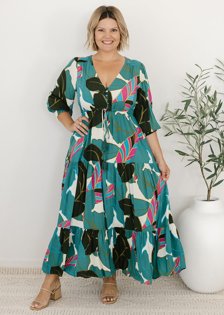 Azure Maxi Dress Women's green floral Winter maxi dress with pockets