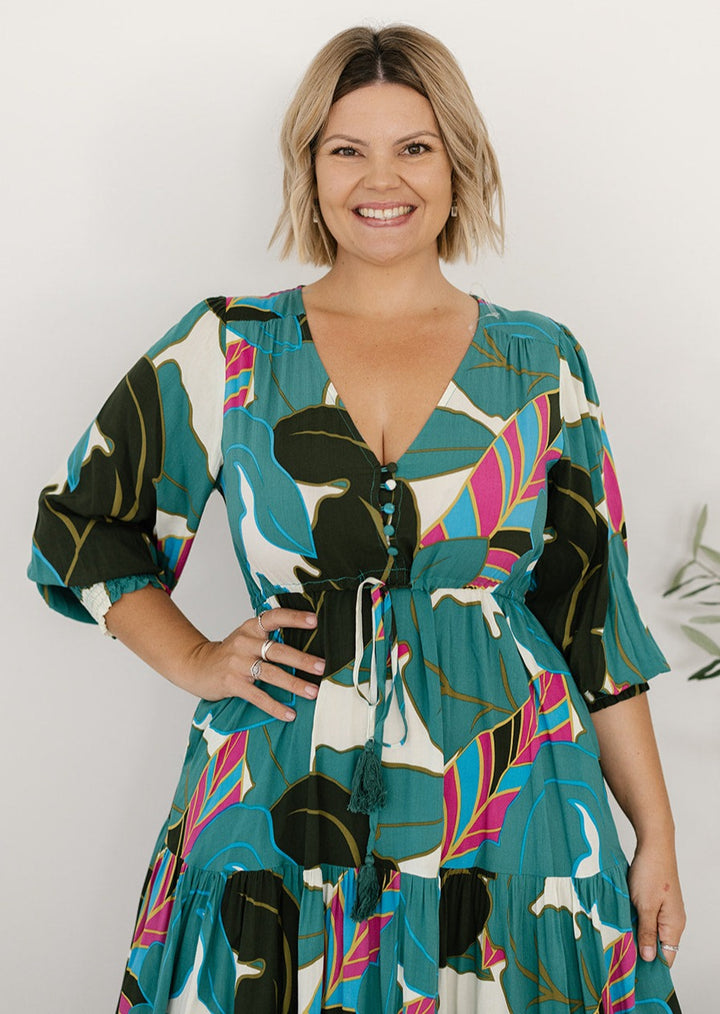 Plus-size drawstring-waist maxi dress with long sleeves