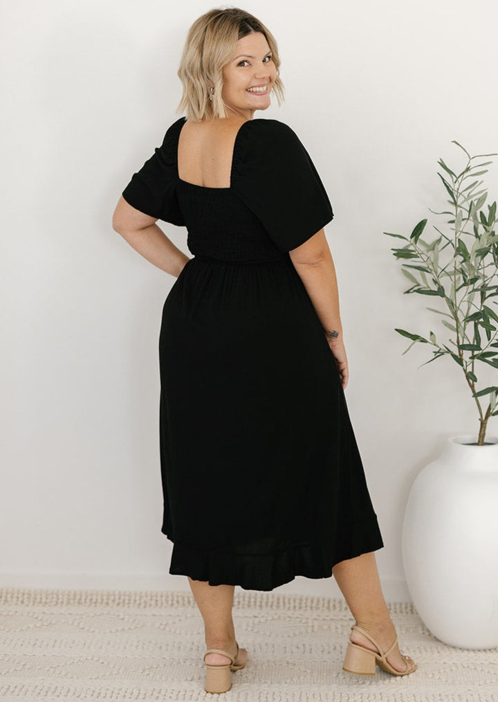 Plus-size block black midi dress with lined skirt