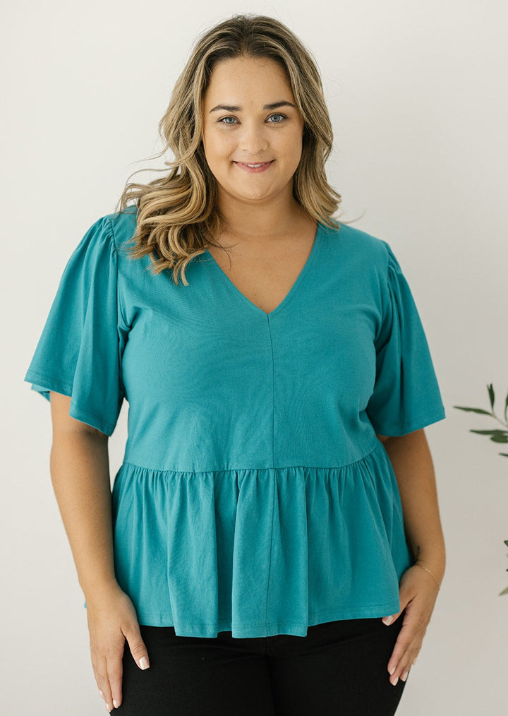 peplum-style t-shirt with flutter sleeves for women