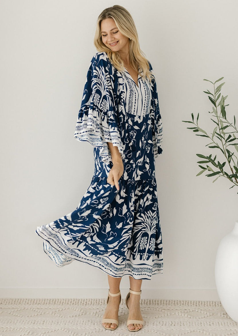 women's navy and white floral tunic maxi dress