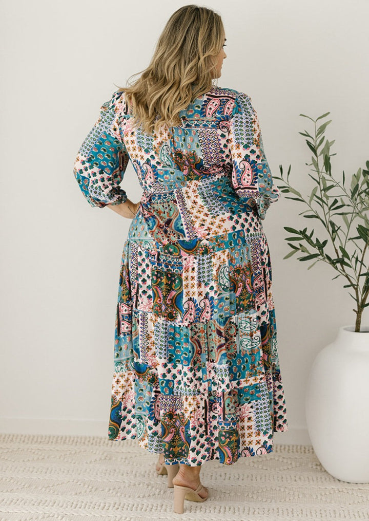 multi-coloured patchwork print midi dress for women