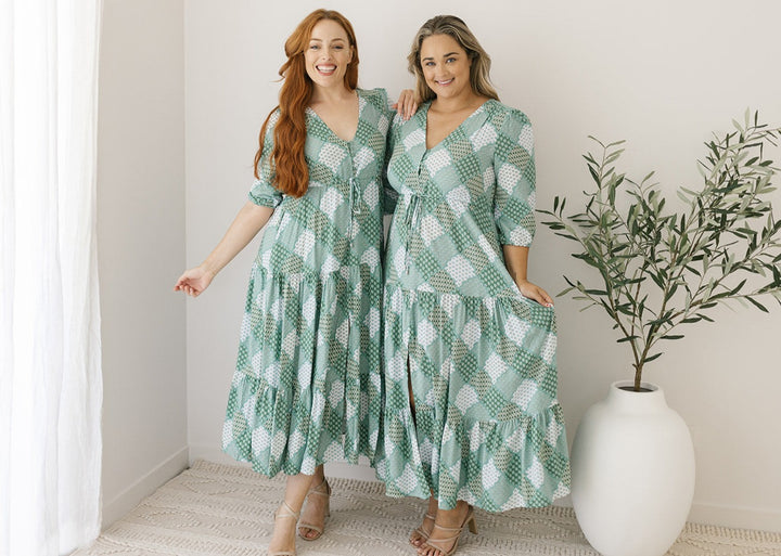 women's bump-friendly patchwork print maxi dress with sleeves and drawstring waist