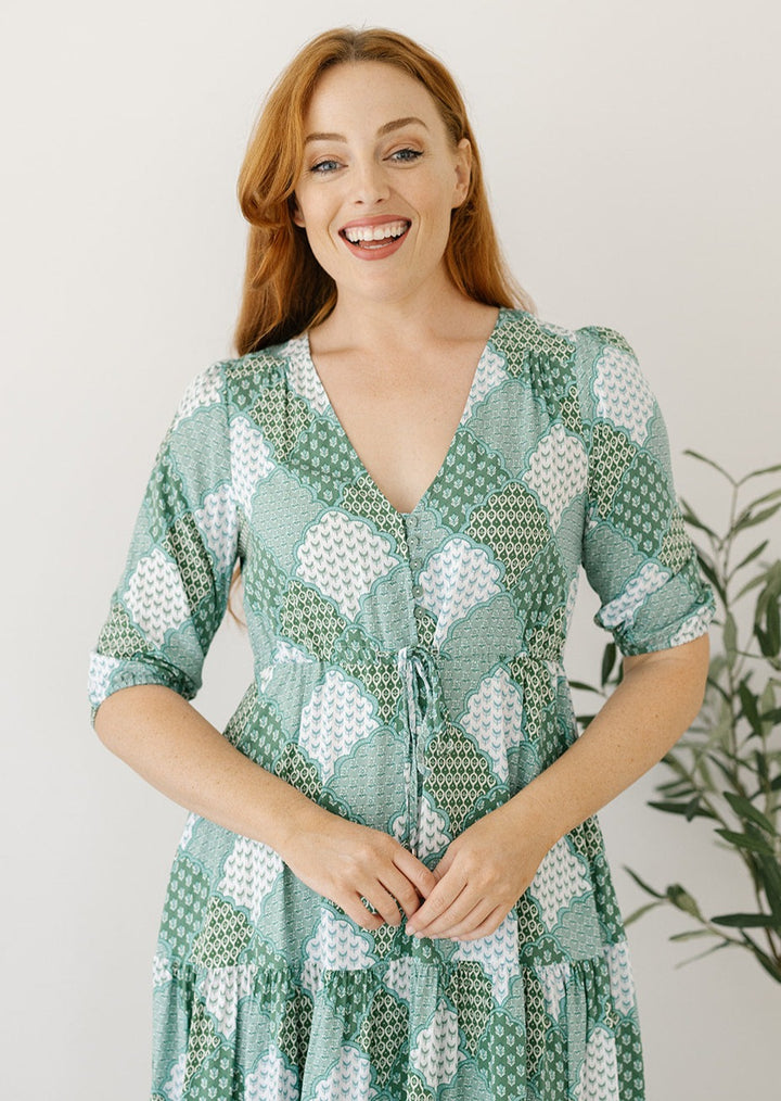 green patchwork print maxi dress with pockets and drawstring waist