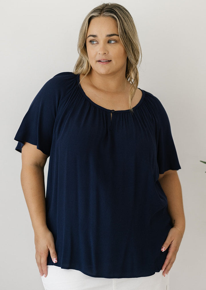 navy blouse with flutter sleeves for women