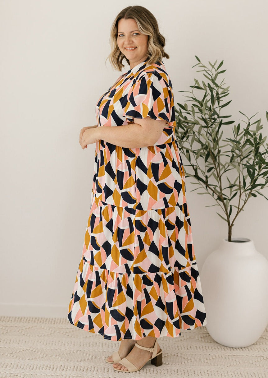 abstract summer button-down midi dress