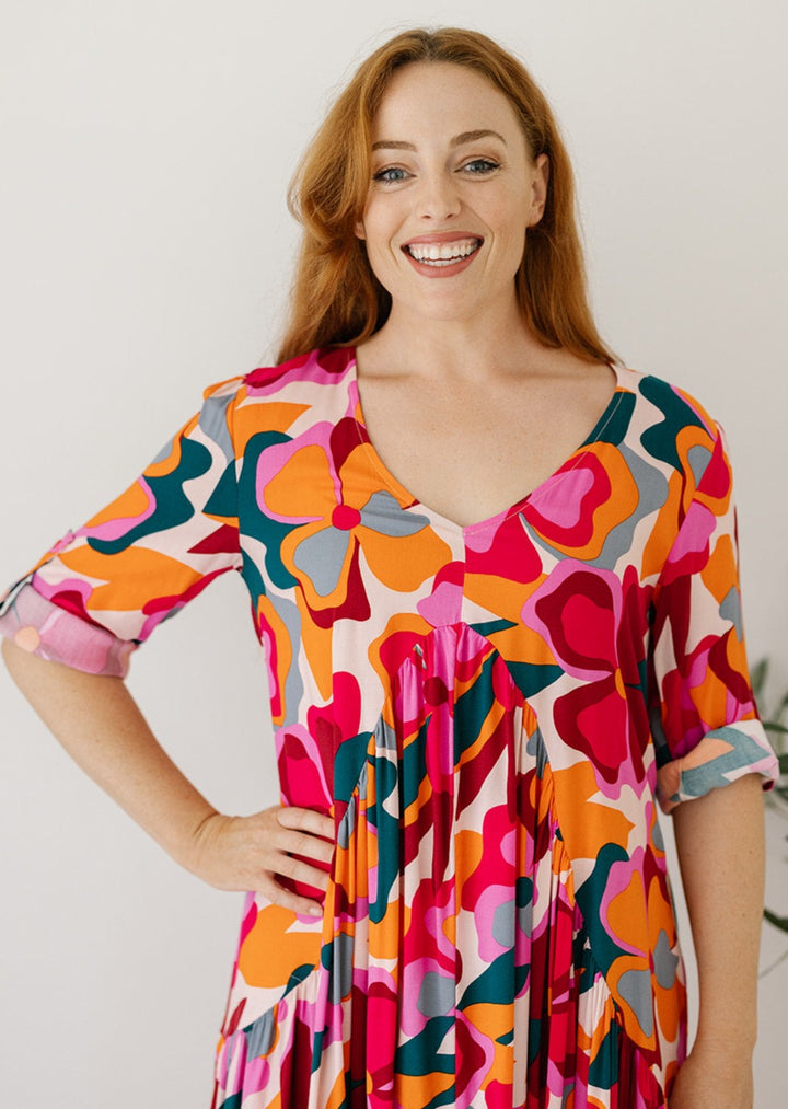 plus-size smock-style retro print maxi dress