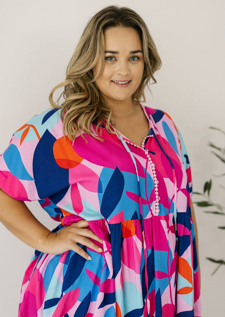 women's pink and blue abstract tunic top