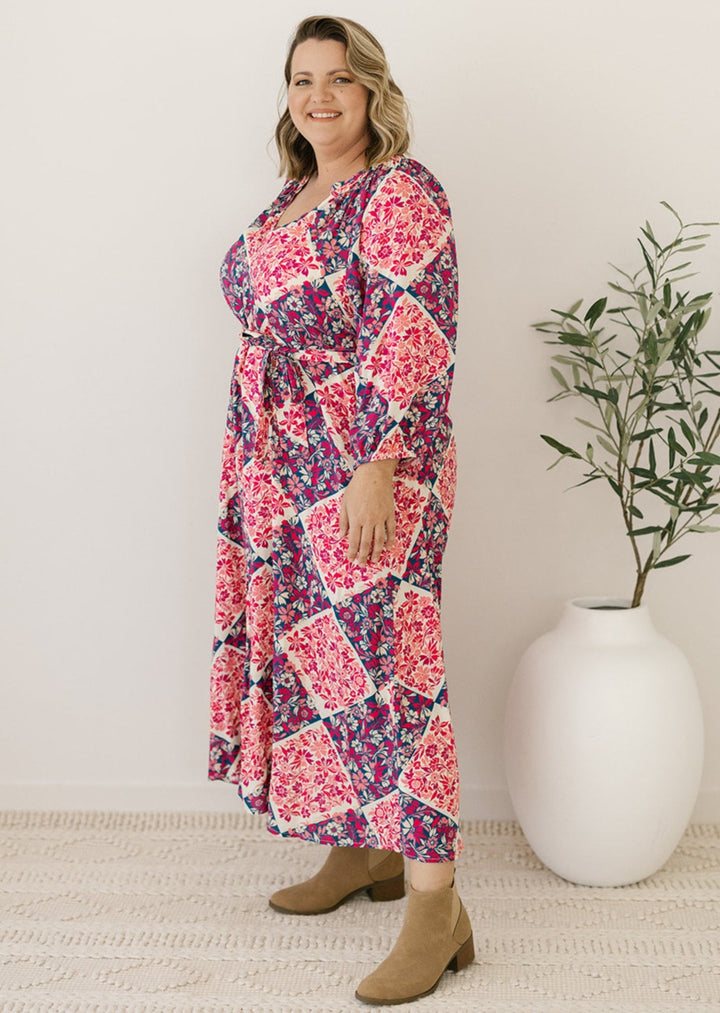 women's plus-size floral patchwork-print midi dress with pockets and waist-tie