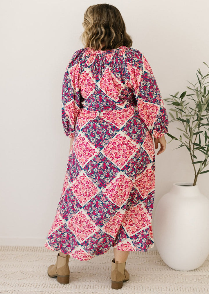 women's plus-size floral patchwork-print midi dress with pockets and waist-tie