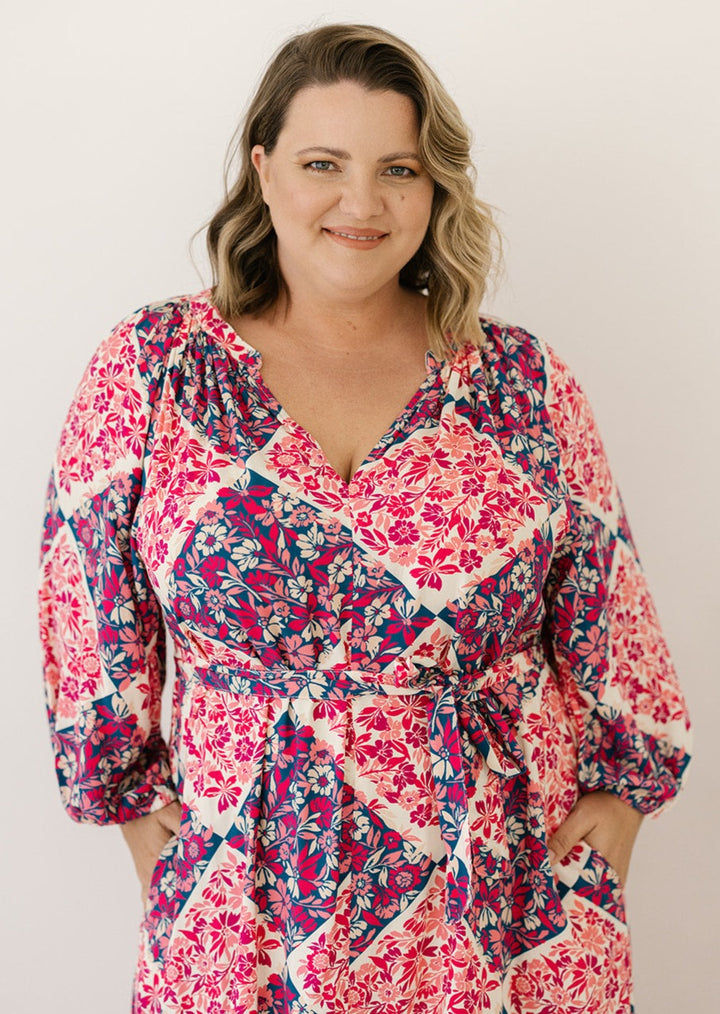 women's plus-size floral patchwork-print midi dress with pockets and waist-tie