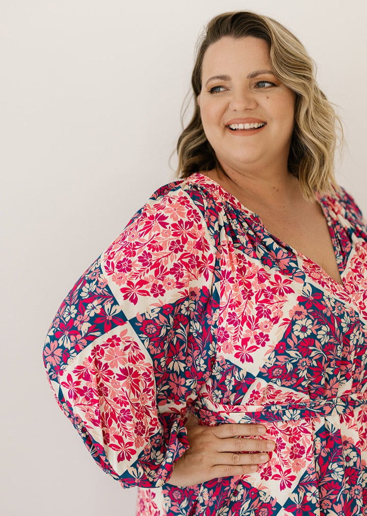 women's plus-size floral patchwork-print midi dress with pockets and waist-tie