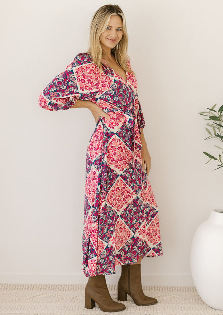 women's plus-size floral patchwork-print midi dress with pockets and waist-tie