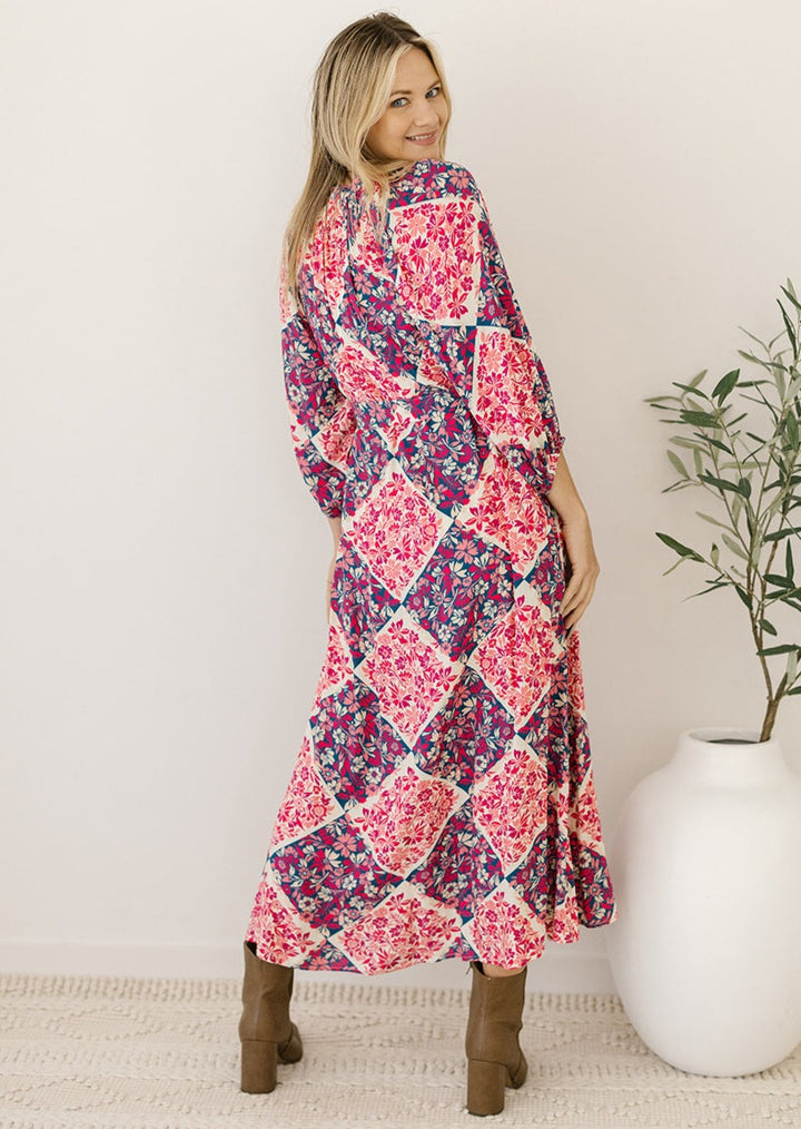 women's plus-size floral patchwork-print midi dress with pockets and waist-tie