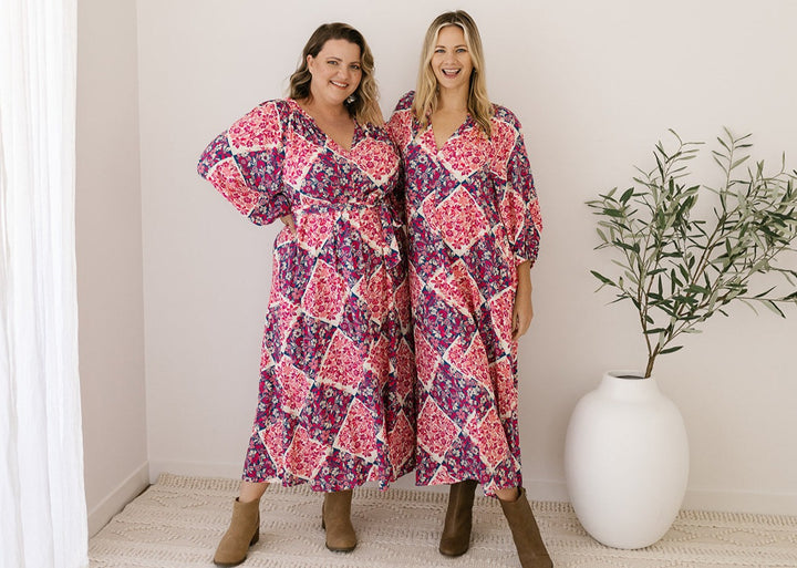 women's plus-size floral patchwork-print midi dress with pockets and waist-tie