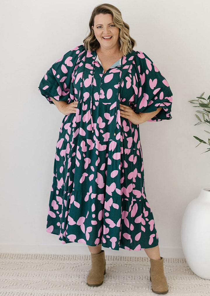 bump-friendly green and pink abstract smock-style dress with pockets