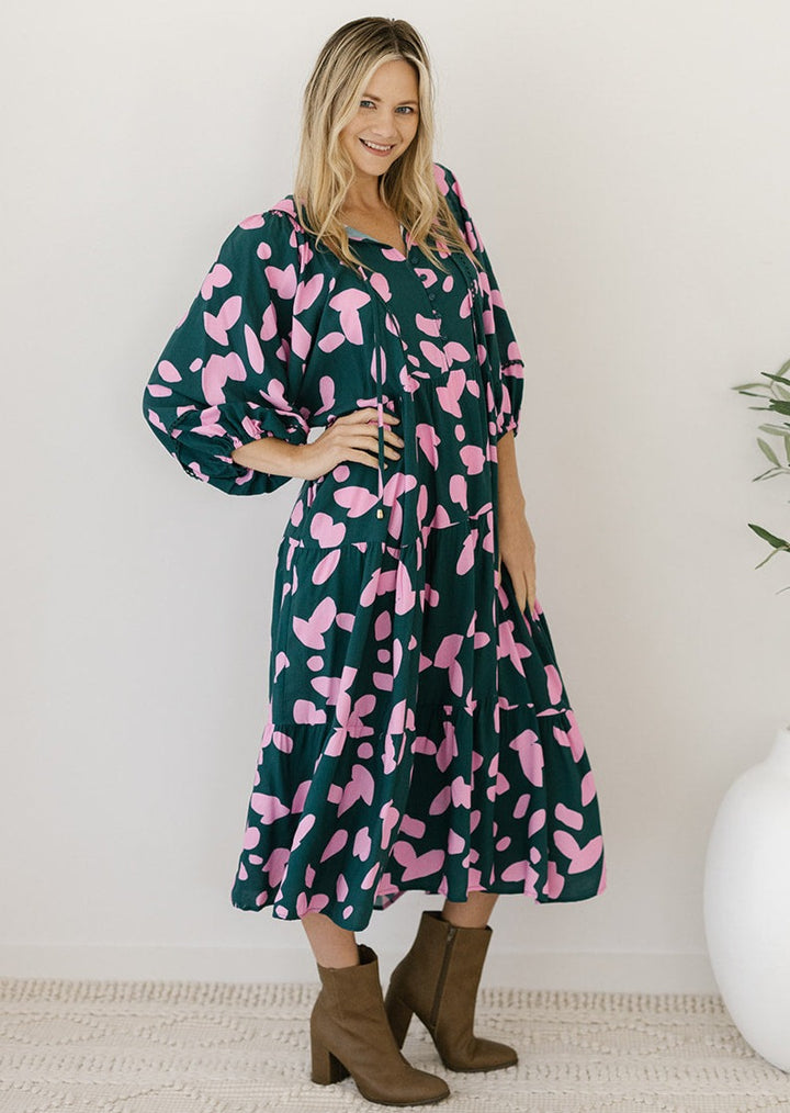 breast-feeding friendly flowy abstract smock dress with pockets