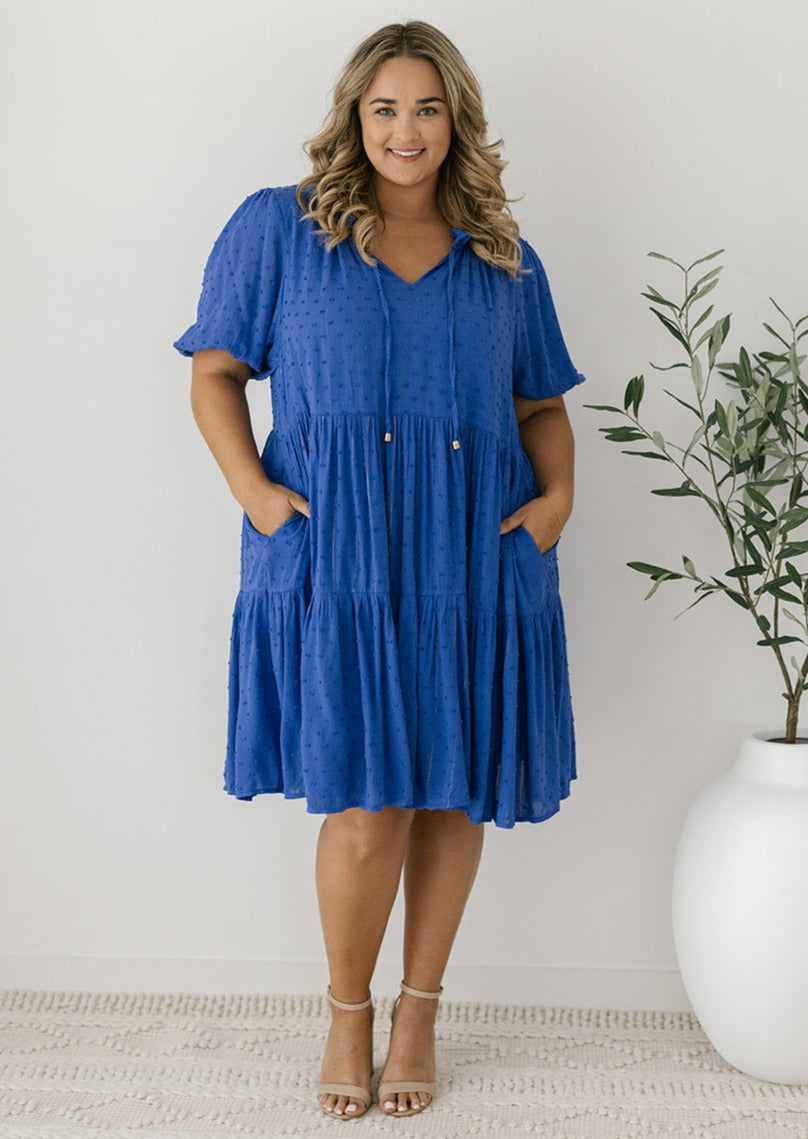 cobalt blue knee-length bump-friendly smock dress
