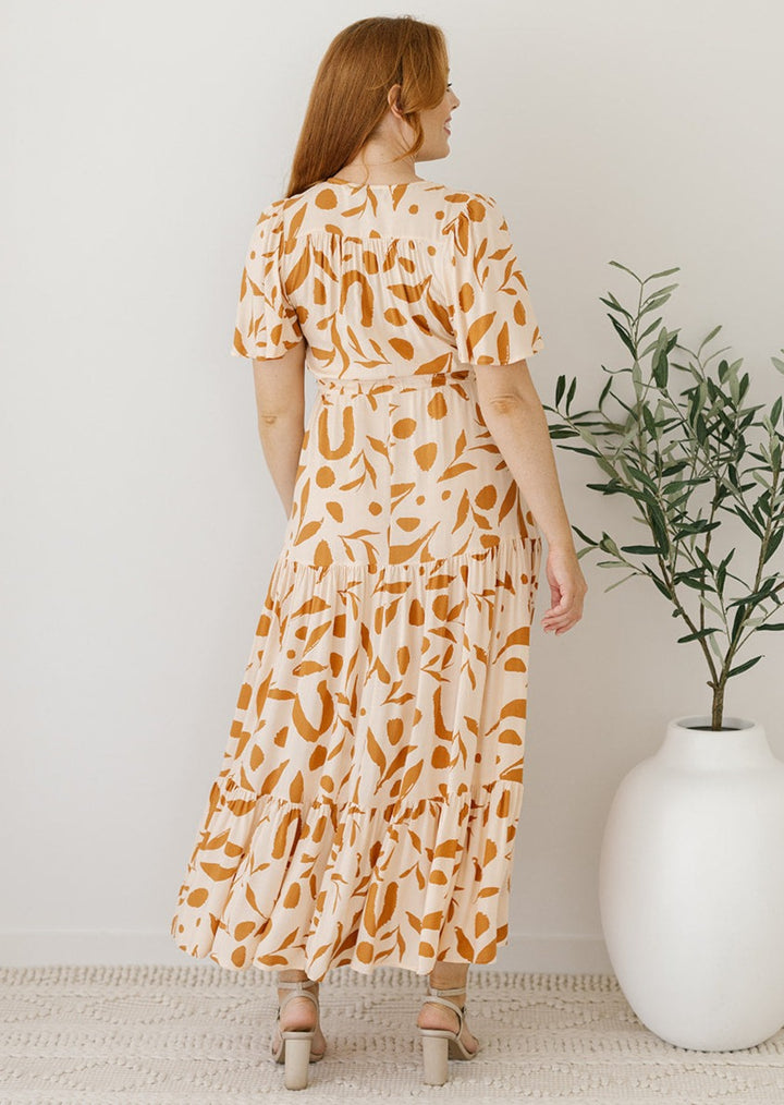 cream and tan leaf print maxi with drawstring waist