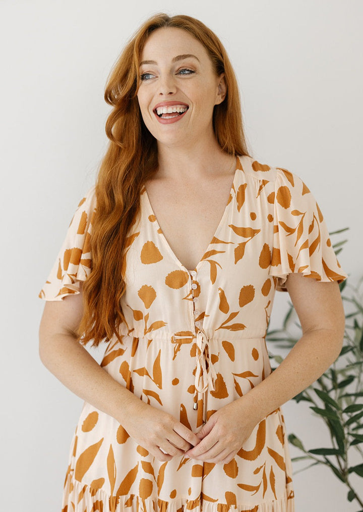 bump-friendly leafy print maxi dress with drawstring waist