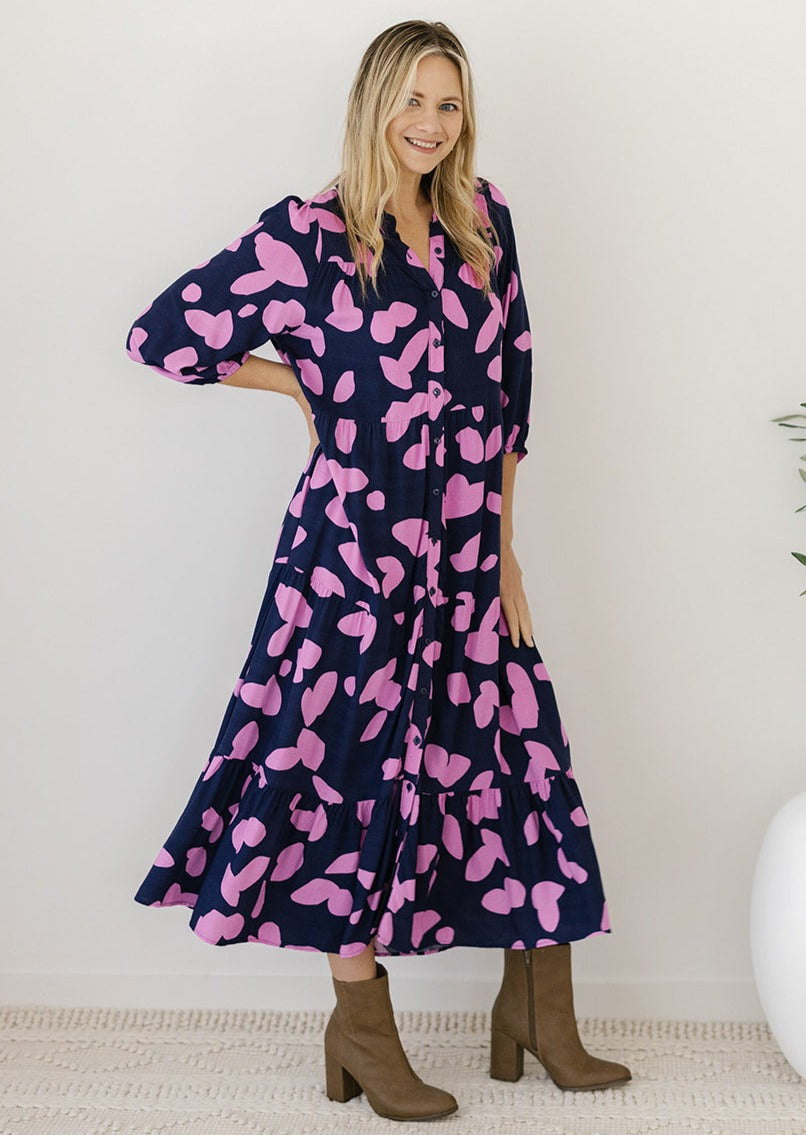 women's plus-size navy and pink button-down midi dress with pockets