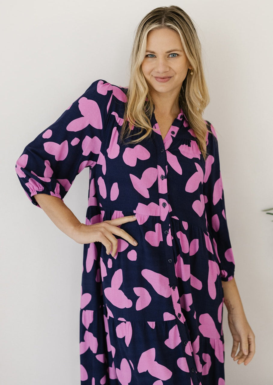 navy and pink abstract print button-down midi dress with collar and pockets
