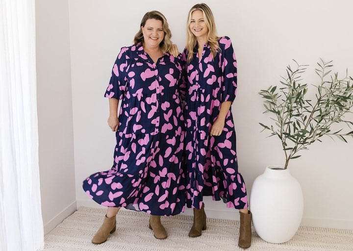 women's plus-size abstract print button down midi dress with 3/4 length sleeves