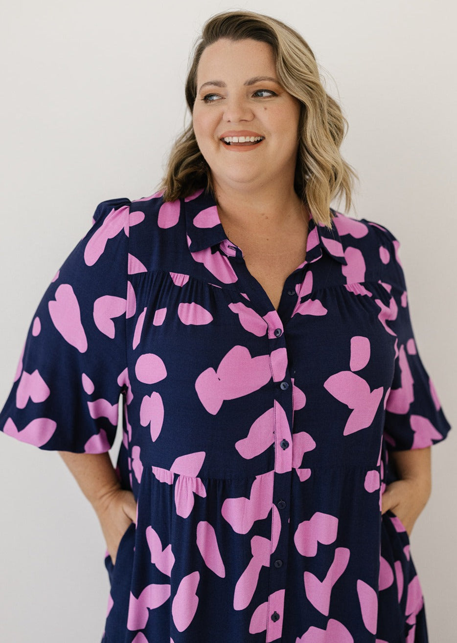 women's plus-size navy and pink smock-style button-down dress
