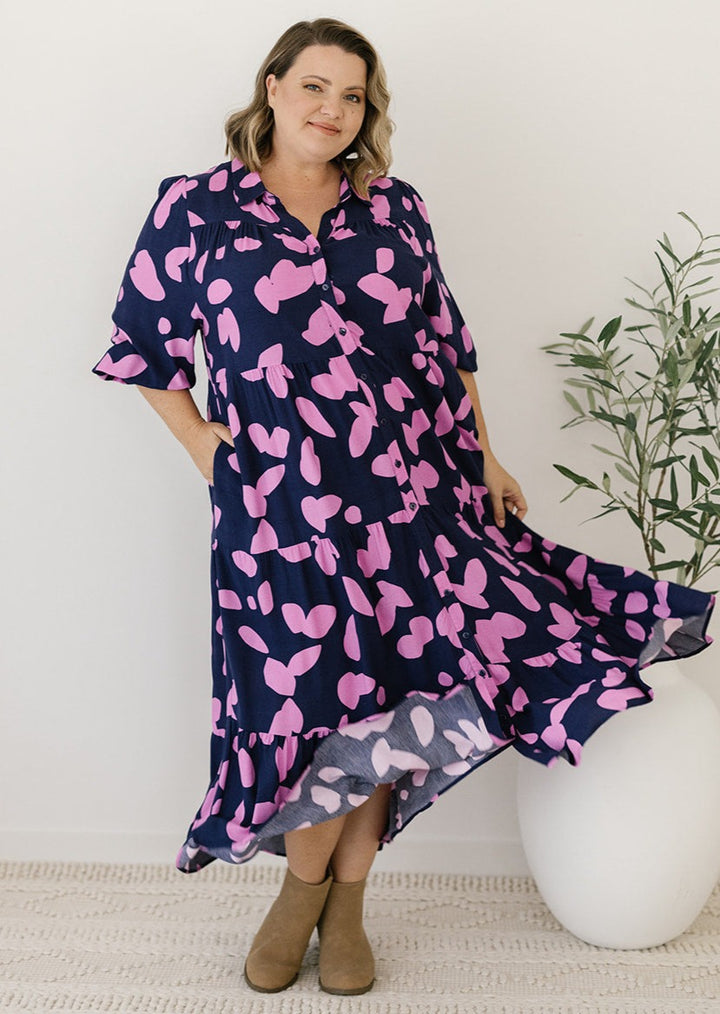 women's plus-size navy and pink button-down midi dress