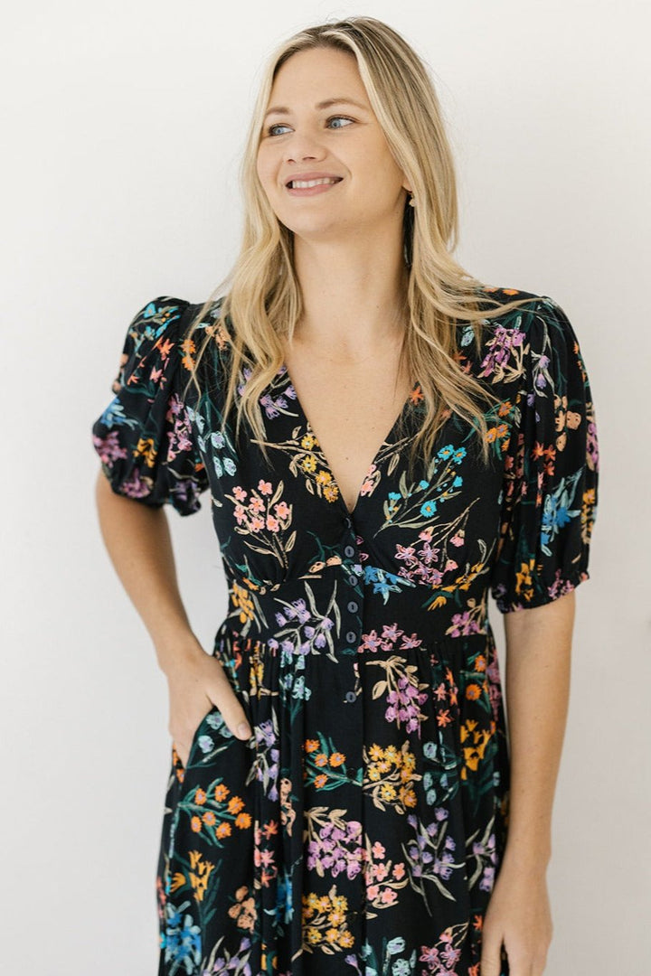 breast-feeding friendly black and floral midi dress