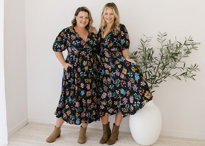 black and floral midi dress with sleeves and pockets for women