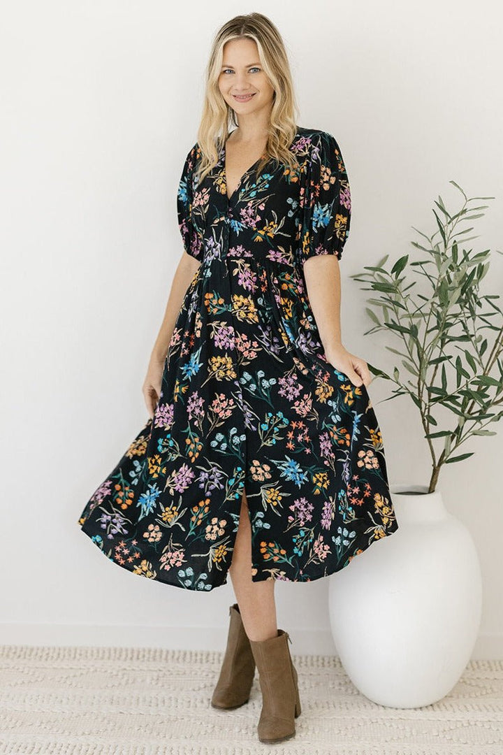 black and floral midi dress