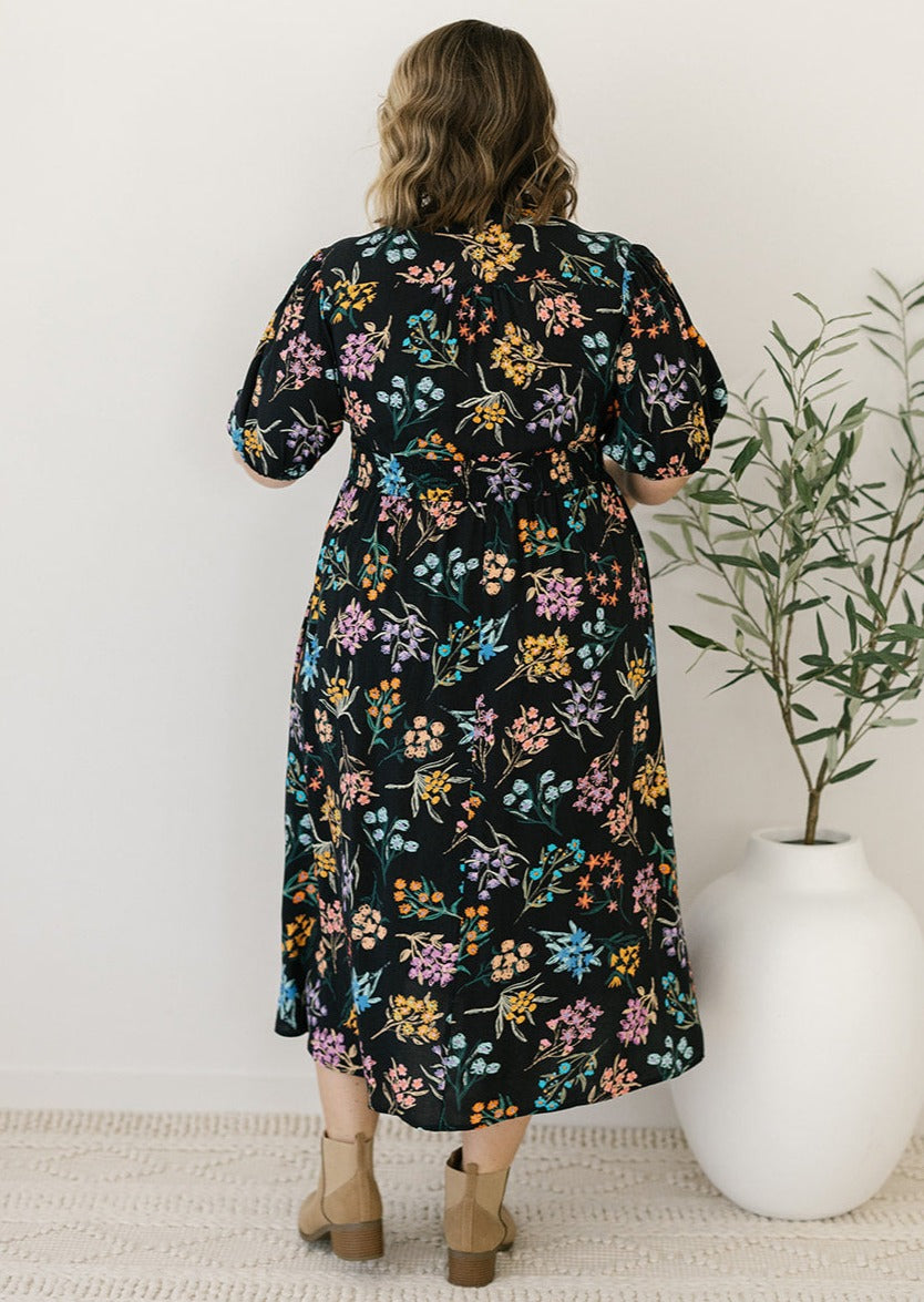 black and floral button-down midi dress