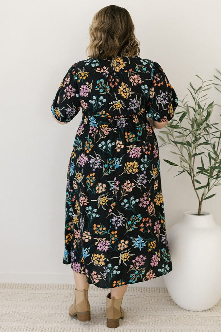black and floral button-down midi dress