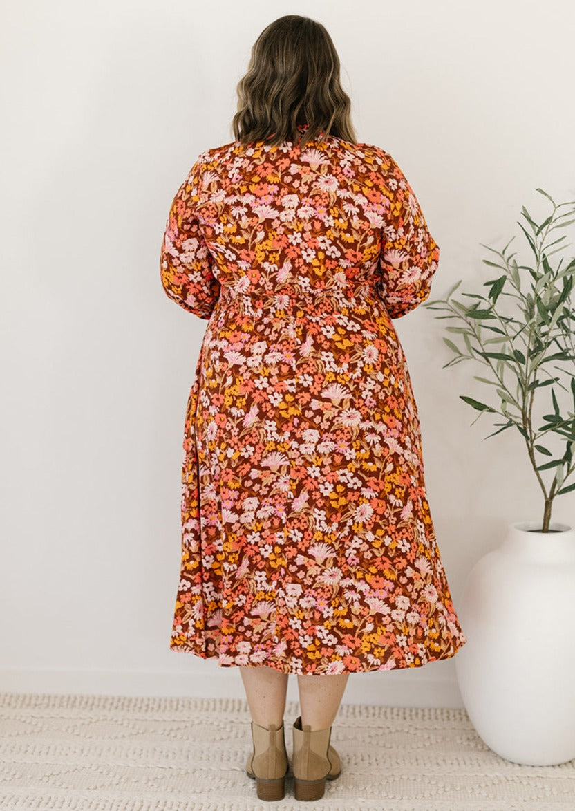 women's plus-size autumn floral elastic waisted midi dress