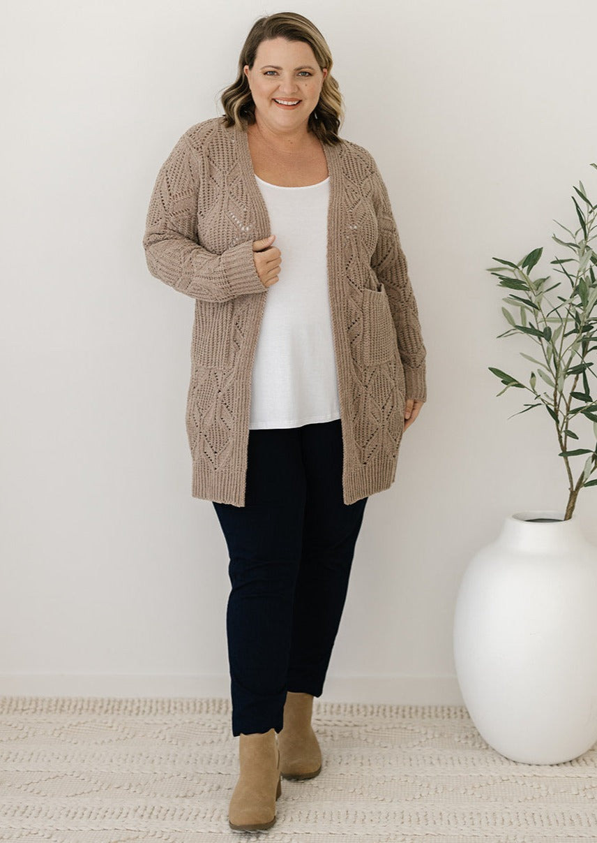 women's taupe cable-knit cardigan with pockets