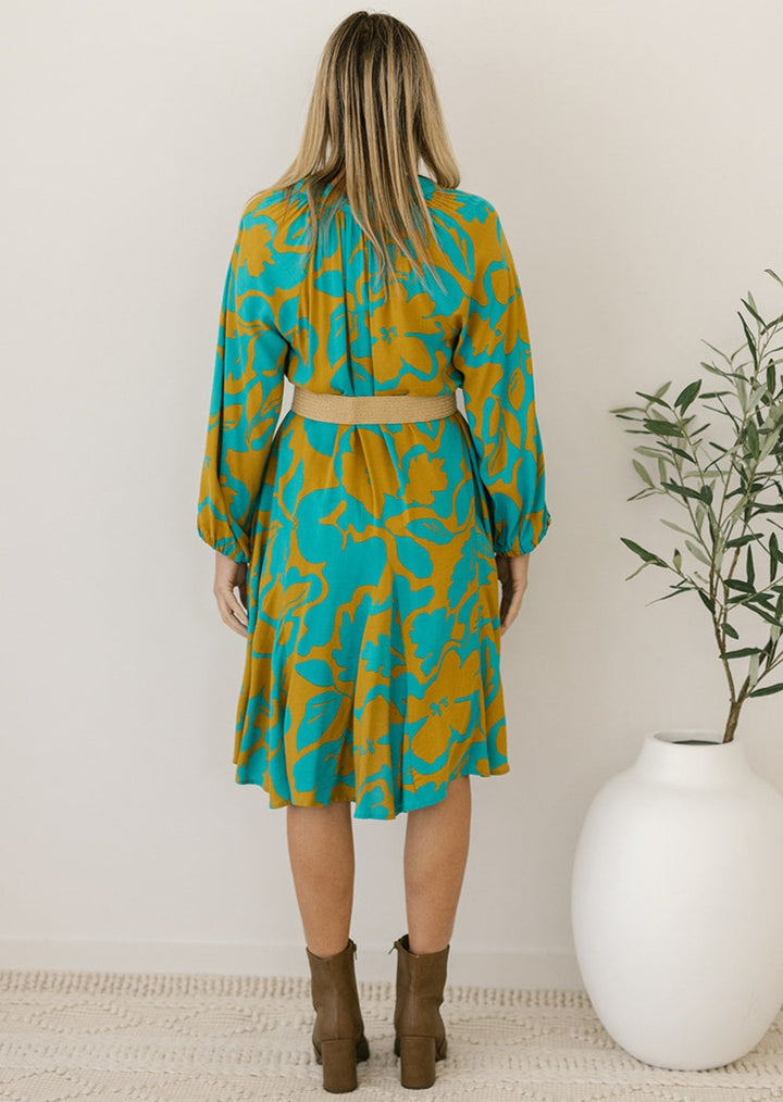 long-sleeved retro floral smock-style knee-length dress