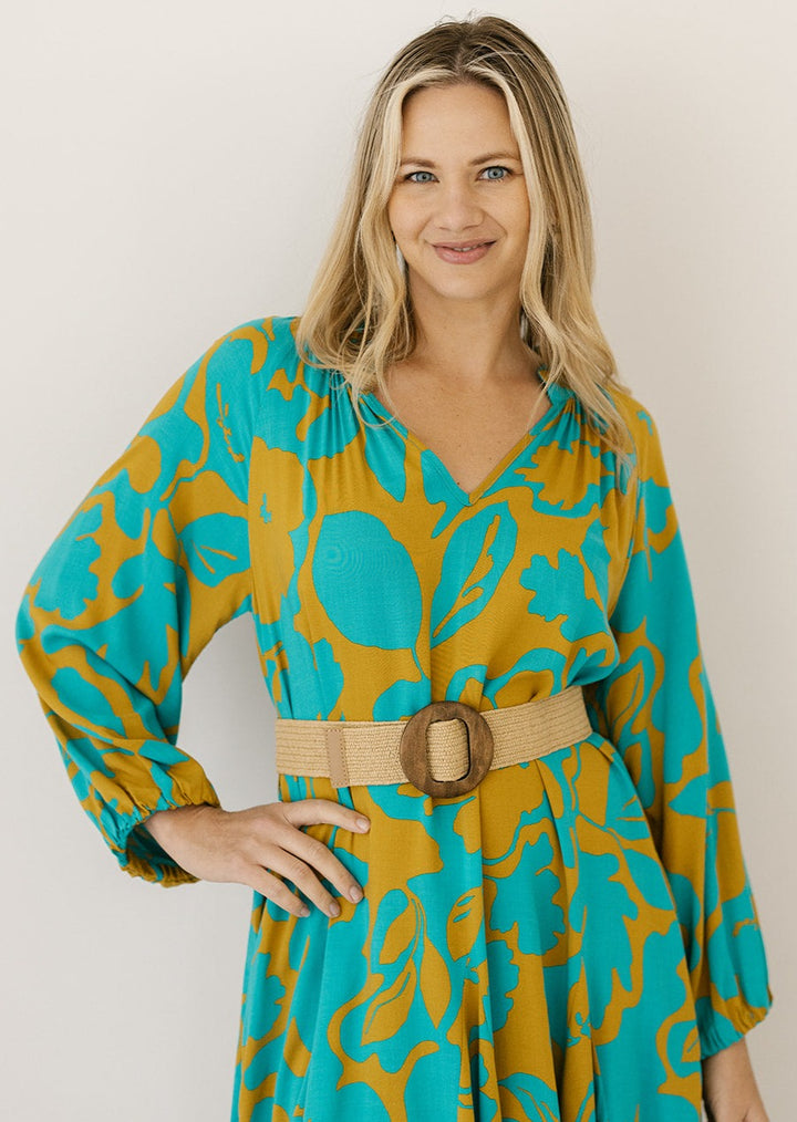 teal and mustard floral long-sleeved smock dress with belt