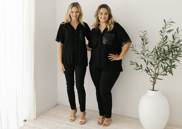 relaxed black linen top for women