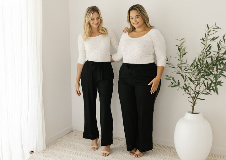 black elastic-waisted pants with pockets for women