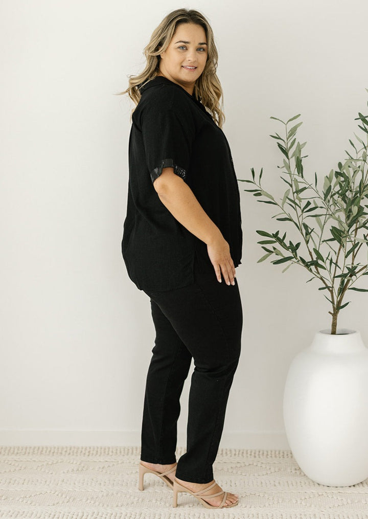 black embellished linen top for women