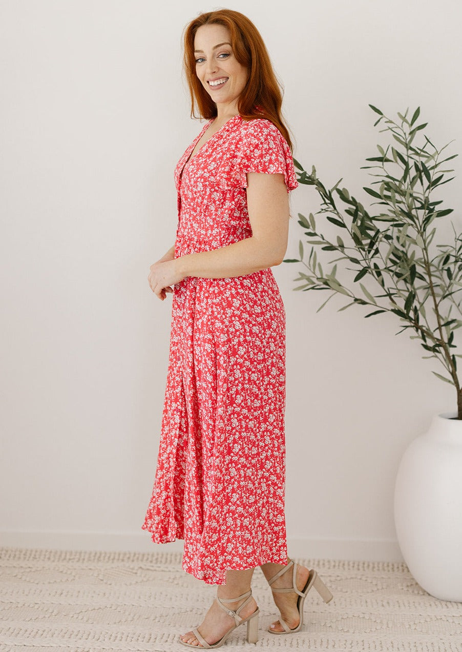 midi dress with pockets and flutter sleeves for spring