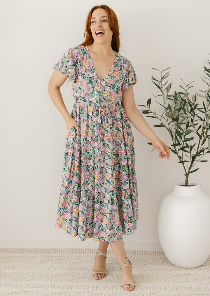 plus-size drawstring-waist pastel floral midi dress