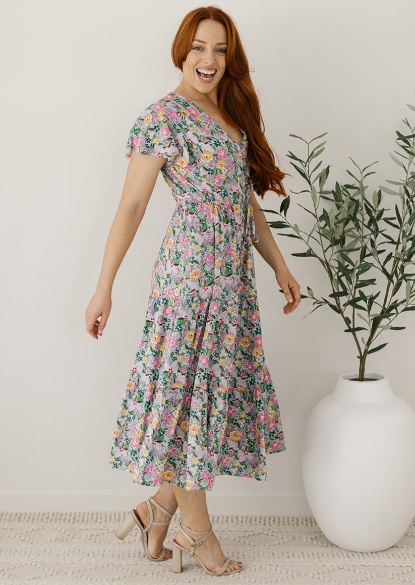 bump-friendly light floral midi dress with drawstring waist