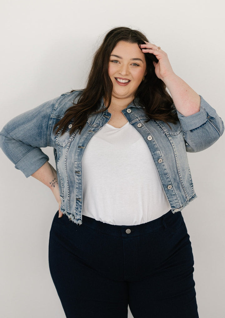 Plus-size acid-wash denim jacket with pockets